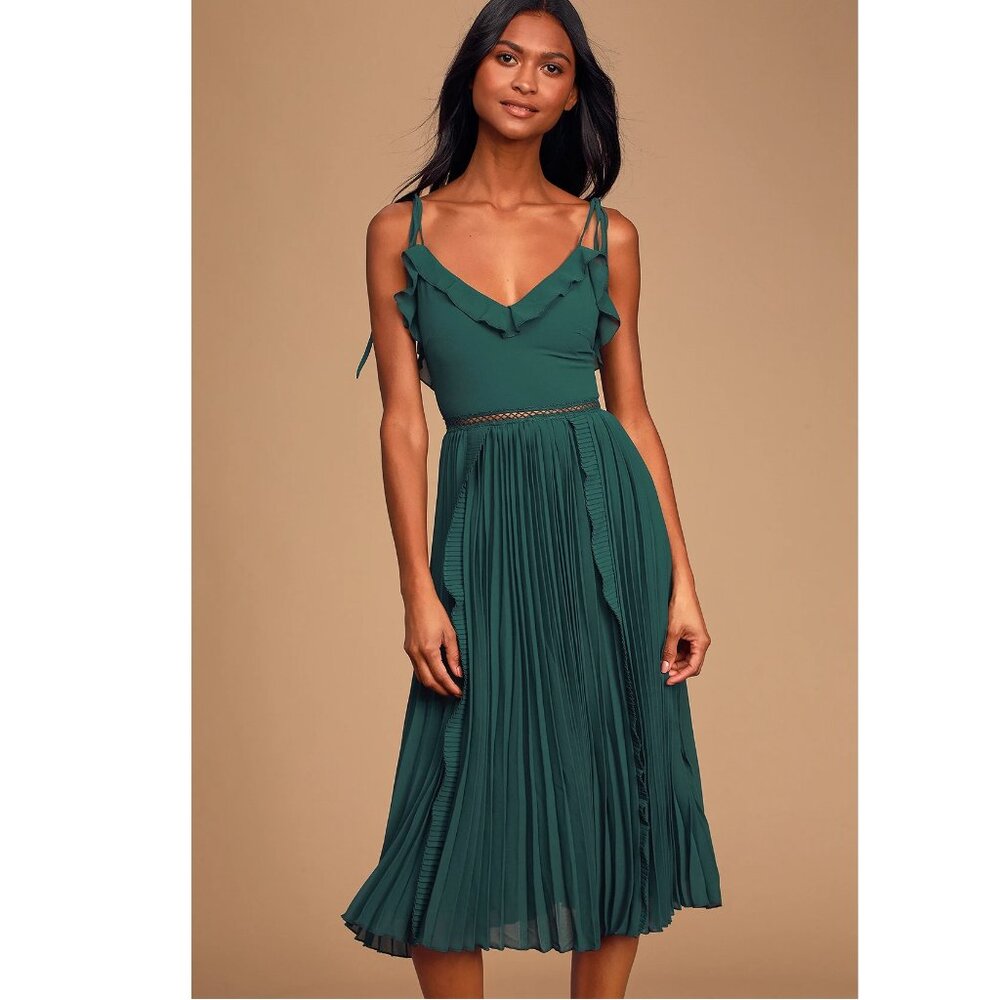 NEW Lulus Never a Dull Moment Emerald Green Tie-Strap Pleated Midi Dress P3942